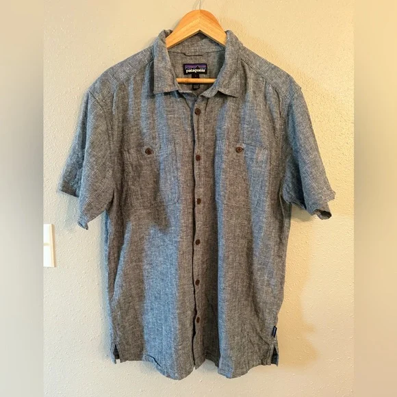 Patagonia Back Step Shirt Large Chambray Navy Button Down Short Sleeve EUC - Picture 8 of 8